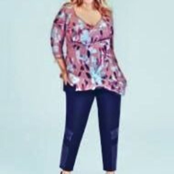 Alfani Floral Print Tunic Top With 3/4 Sleeves & Flared Hem Pink/White/Black 2X - Picture 2 of 10